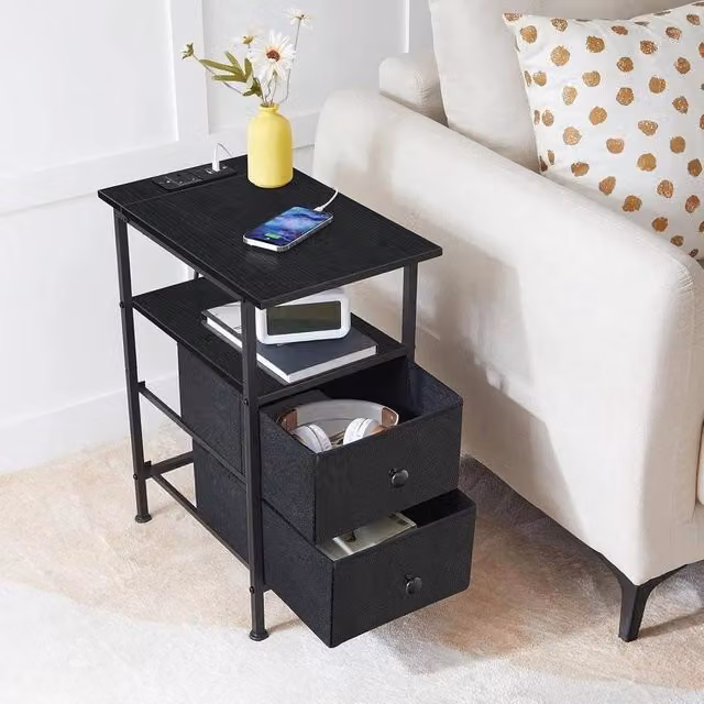 FORGEVIO Black Bedside Table with Charging Station