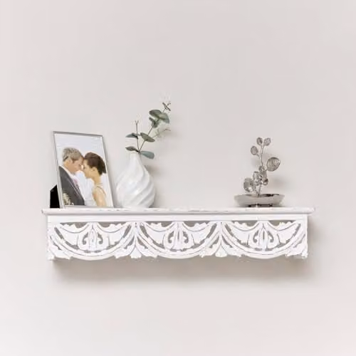 Melody Maison White Wooden Carved Boho Wall Shelf, W: 60 cm, H: 13 cm, D: 10.5 cm