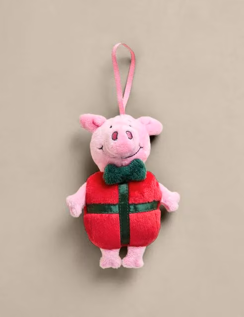 M&S Faux Fur Percy Pig Christmas Tree Decoration in Pink Mix