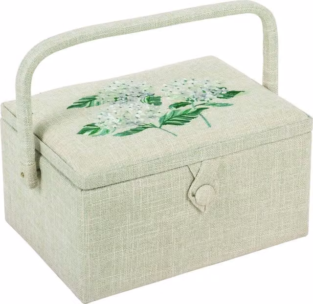 HG Sewing Box with Hydrangea Embroidered Lid in White and Green
