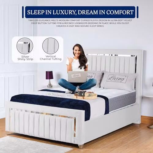 Living Comfort Bedz Zurich Plush Velvet Bed in White with Silver Trim, 6FT Super King Slat Base – 2