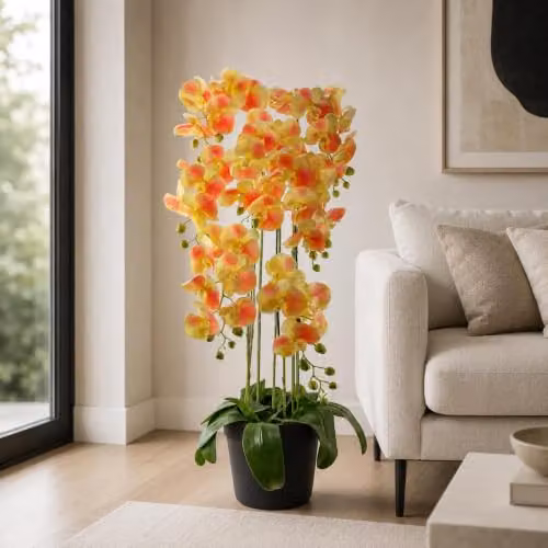 Botanik Yellow Peach Artificial Orchid Plant in Green Pot, Height: 110 cm – 2