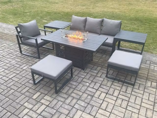 Fimous 7 Piece Aluminium Garden Furniture Set with Gas Fire Pit Dining Table, Cushions, 2 Footstools and 2 Side Tables in Dark Grey