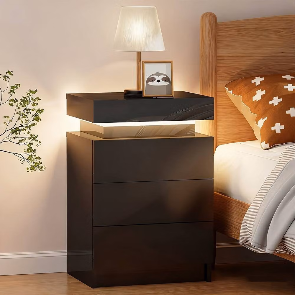 Ventryn Black High Gloss Bedside Table with RGB LED Lighting and 3 Drawers – 4