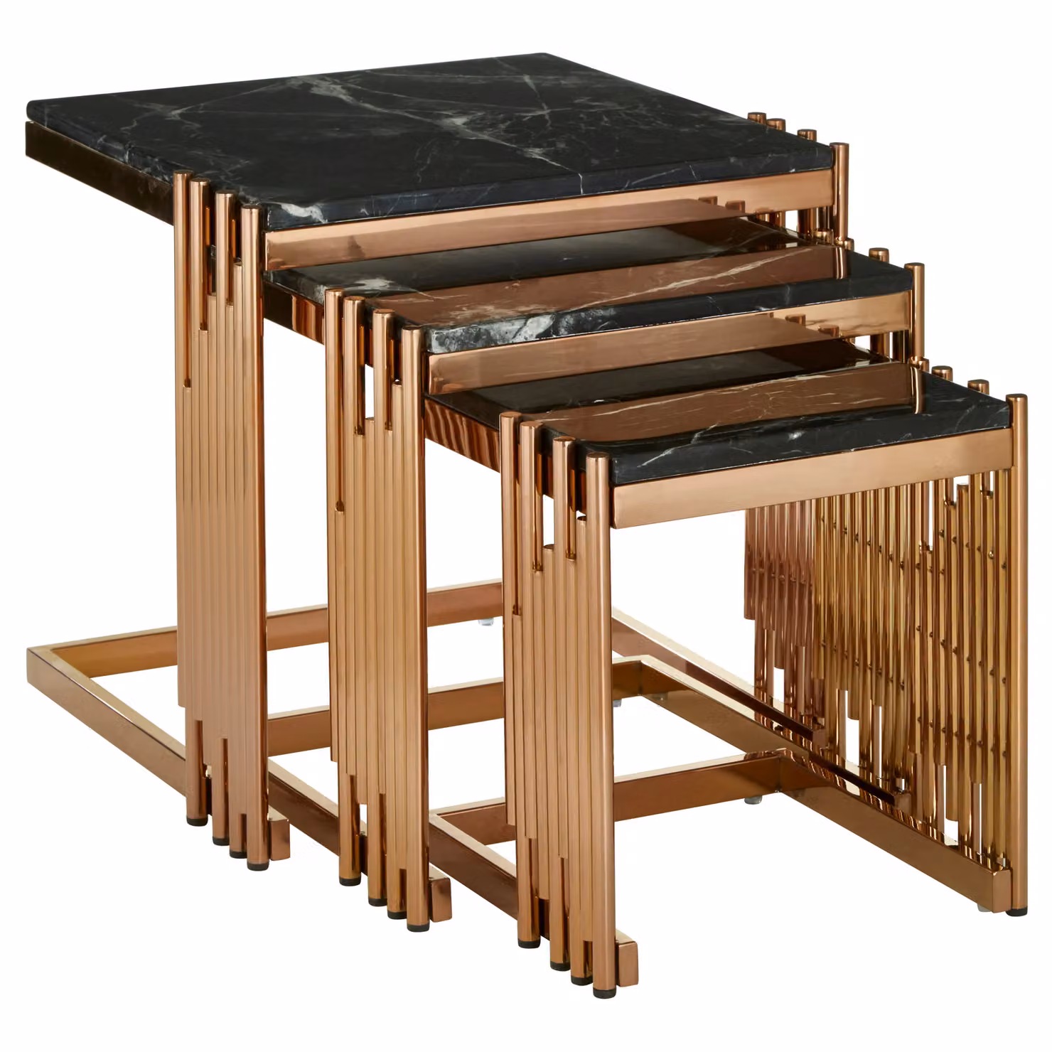 Orsina Set of 3 Square Art Deco Nesting Tables with Black Marble Tops and Gold Metal Frames – 3