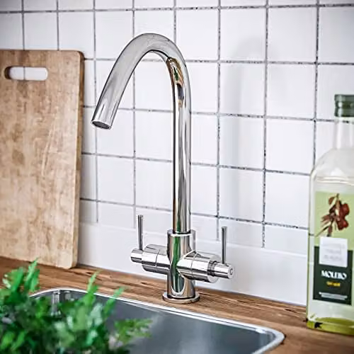 Nes Home Chrome Twin Lever 360 Swivel Spout Kitchen Sink Tap in Silver Brass – 1