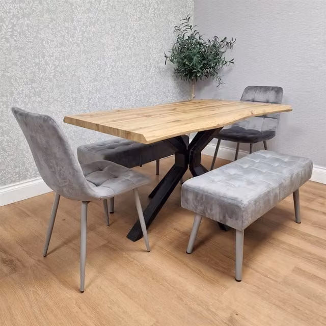 KOSY KOALA Brown Wooden Rectangular Dining Table Set with 2 Grey Velvet Chairs and Padded Benches, W/D/H: 120 x 77 x 75 cm
