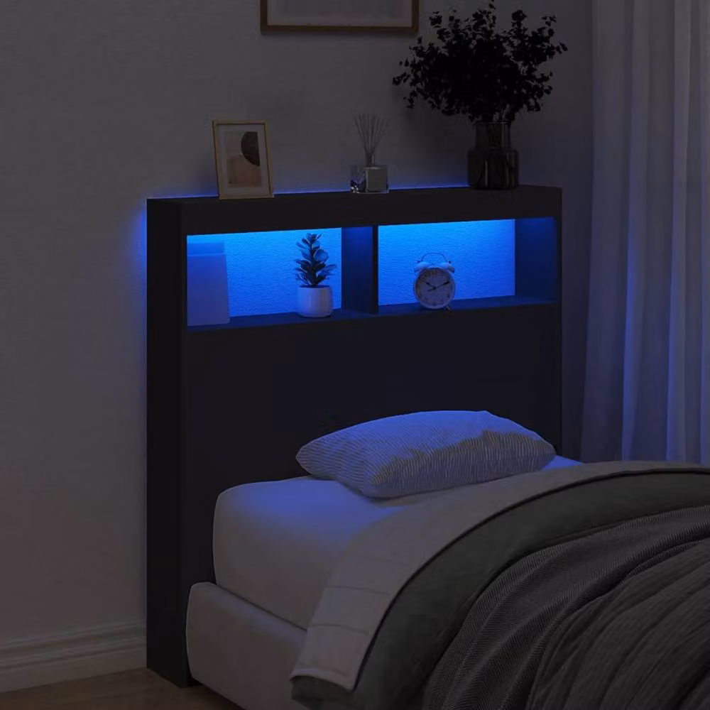 Berkfield Home Modern Wall Mount Headboard Cabinet in Matt Black with Integrated LED Lighting, Shelf and USB Charging Port, W/D/H: 100 x 17 x 102 cm – 3