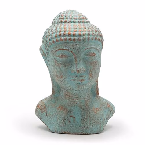 Ancient Wisdom Antique Tranquility Buddha Head Statue, Green, Concrete, W/D/H: 18 x 12 x 11 cm