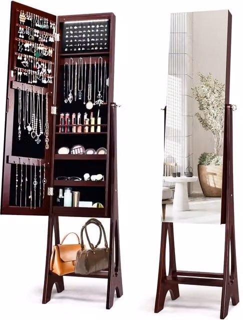 COSTWAY Freestanding Brown Lacquered Jewelry Cabinet with Mirror and LED Lighting