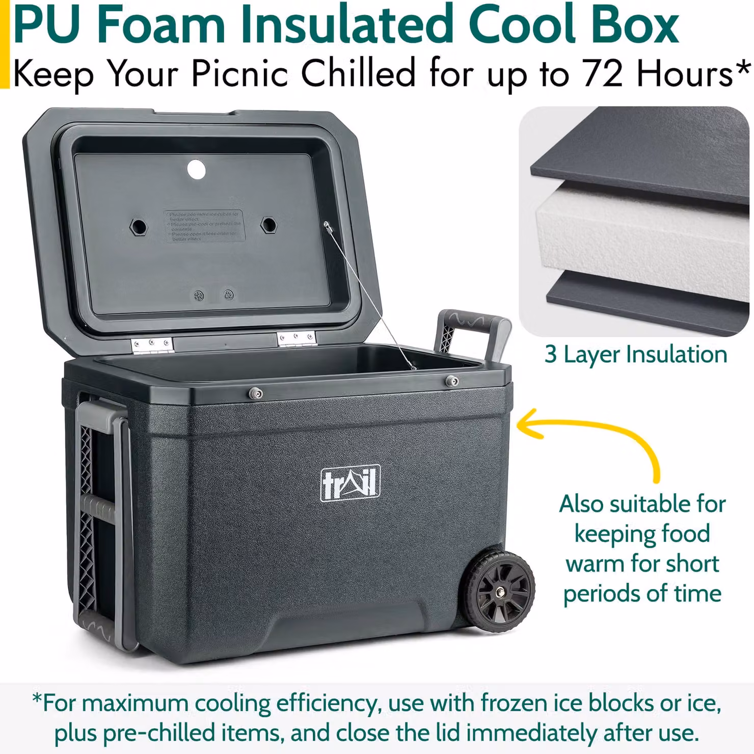 Trail Outdoor Leisure Wheeled Insulated Hard Cooler Box, 45L, Grey – 3