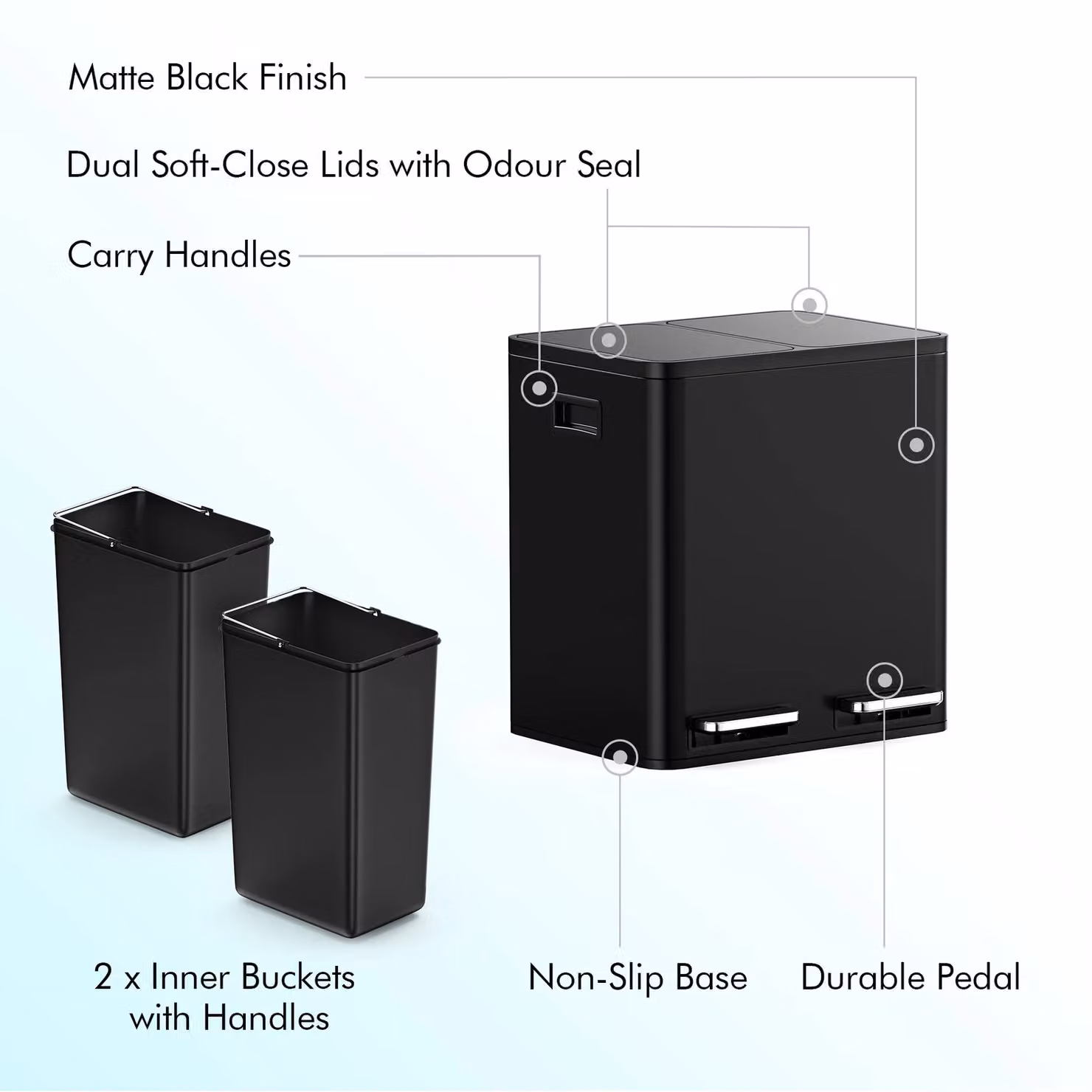 VonHaus 30L Kitchen Waste and Recycling Bin with 2 x 15L Compartments, Black Stainless Steel – 6