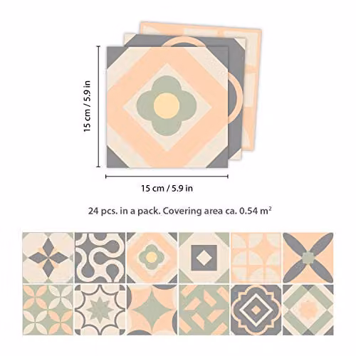 WALPLUS Kansas Baby Rose and Pastel Green Floral Tile Stickers, 24 Pack, W/D/H: 15 x 15 x 0.54 cm, Waterproof Self Adhesive Decals for Kitchen and Bathroom – 2