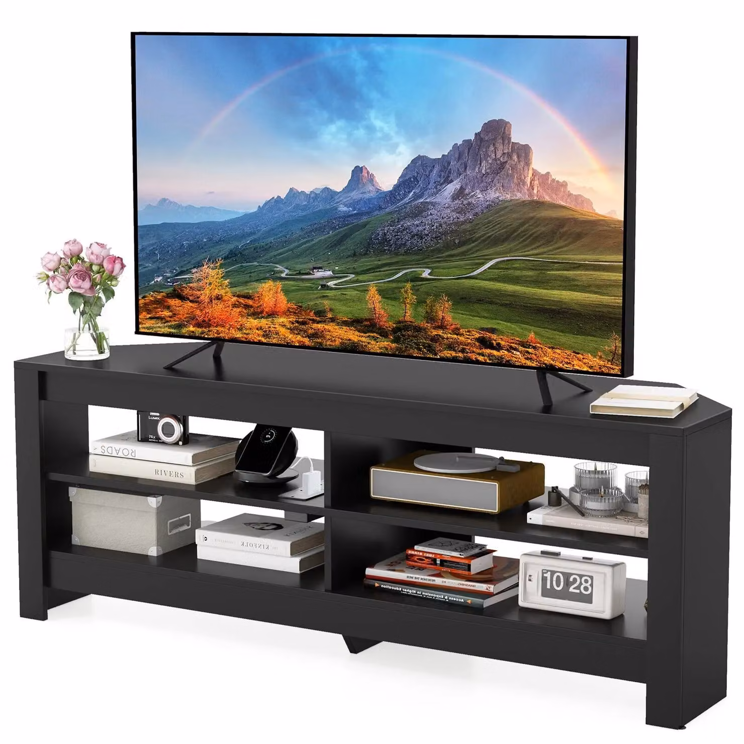 Costway Modern 3-Tier Corner TV Stand with Power Outlet for up to 60 inch TVs in Black – 4