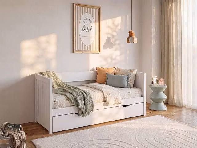 Vente-unique Single Trundle Bed with Extendable Base and Drawer in White, W/D/H: 90 x 190 cm – 1