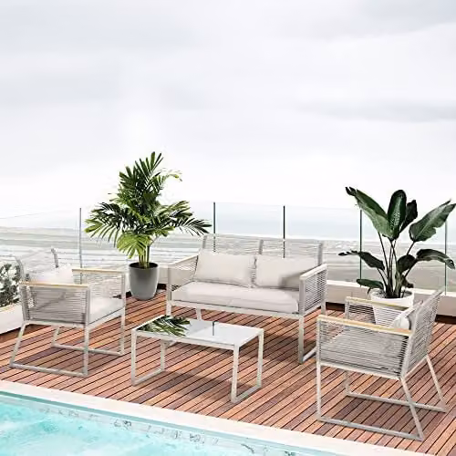 Outsunny 4 Piece Grey Polyrattan Patio Furniture Set with Upholstered Cushions, 2 Seater Sofa, Lounge Armchair and Coffee Table – 1