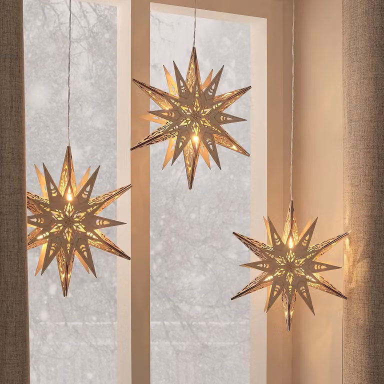 Set of 3 Lights4fun.co.uk Rustic Brown Wooden Star Hanging Christmas Decorations
