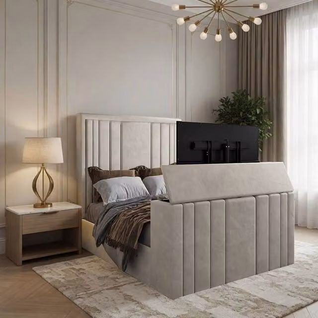 KDMD Yedingham Upholstered Soft Velvet TV Bed Frame in Light Sand, Size: King (W/D/H: 180 x 152 x 159 cm) – 1