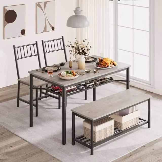 London Boutique 4-Piece Modern Rectangular Dining Table Set with 2 Chairs and Storage Bench in Grey