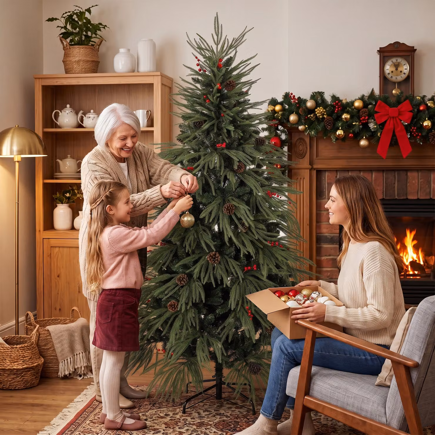 HOMCOM 6ft Green Artificial Christmas Tree with Pinecones, Red Berries and 2843 Branch Tips – 8