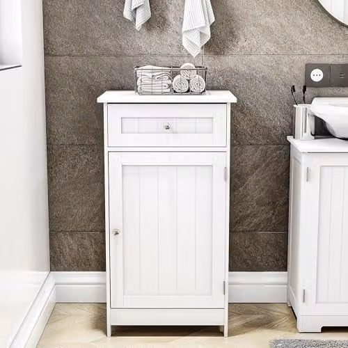 Bath Vida White Freestanding 1 Door 1 Drawer Bathroom Cabinet, H 77 x W 43 x D 34 cm – 1