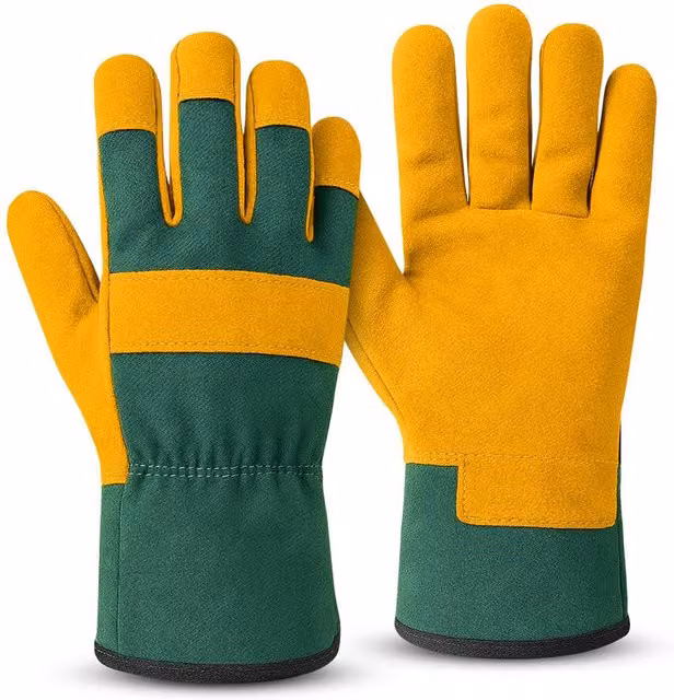 Keplin Premium Cowhide Leather and Fabric Gardening Gloves for Men and Women, Thorn and Puncture Resistant, Yellow and Green, Multicolour