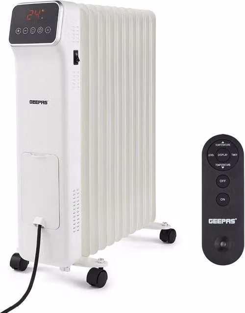 Geepas 11 Fin Digital Oil Filled Radiator Heater 2500W with Remote Control and 9Hr Timer in White