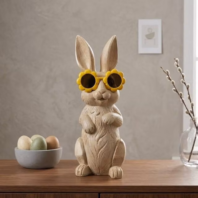 Garden Greatness Springtime Bunny Flowers Ornament in Beige and Yellow Resin