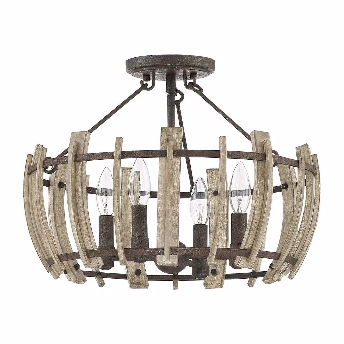 Loops 4 Bulb Semi Flush Ceiling Light with Black Metal Frame and Wood Slat Effect, Rustic LED E14 60W – 2