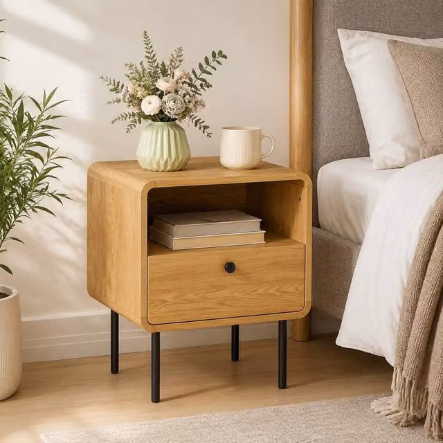 STILVORA Bedside Table with Drawer and Open Shelf in Light Oak