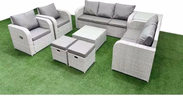 Fimous PE Rattan Garden Sofa Set in Light Grey with Reclining Chairs, 3-Seater Sofa, Ottoman and Coffee Table
