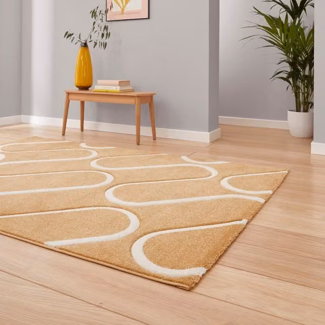 Catherine Lansfield Linear Curve Modern Geometric Rectangular Rug in Yellow and Brown
