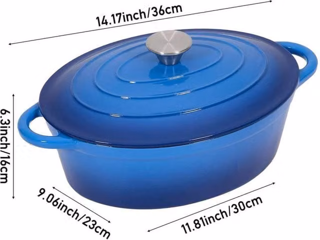 PAWNORA Blue Enamel Cast Iron Oval Dutch Oven with Glass Lid Casserole Stockpot – 1