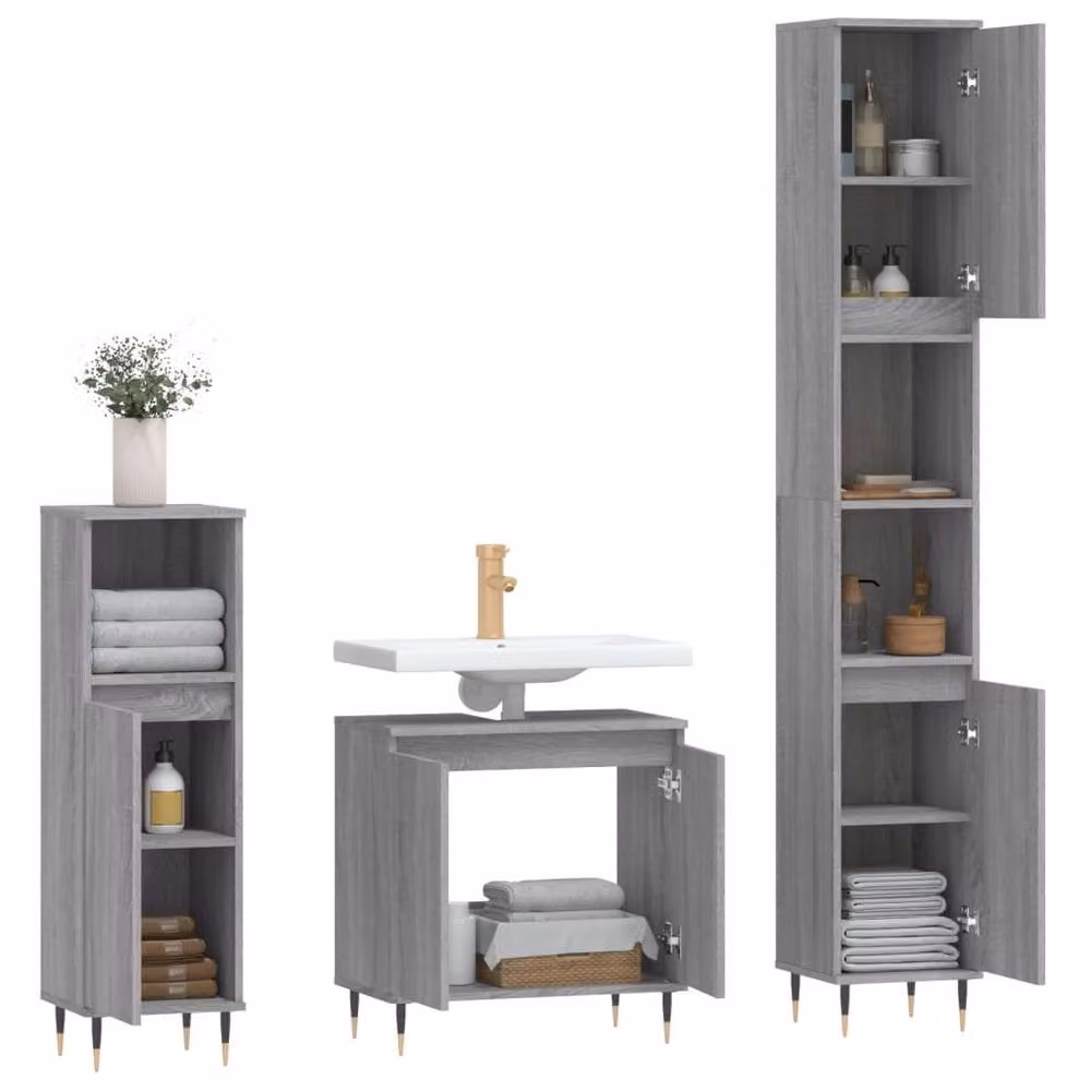 Berkfield Home 3 Piece Modern Grey Bathroom Cabinet Set with Hinged Doors and Internal Shelves – 2