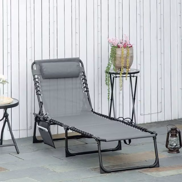 Outsunny Portable Folding Camping Sun Lounger in Grey with Adjustable Headrest and Side Compartments