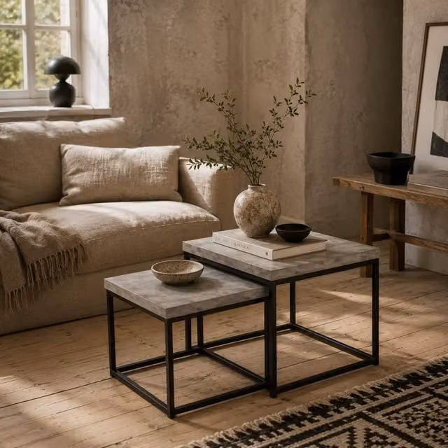 Wyld Haus Keco Set of 2 Grey Nesting Coffee Tables with 3.5cm Thick Composite Tabletops