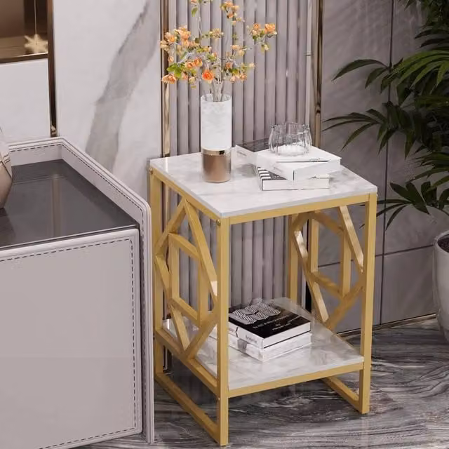 KORVIXA Square Marble Coffee Side End Table with White Iron Frame – 1