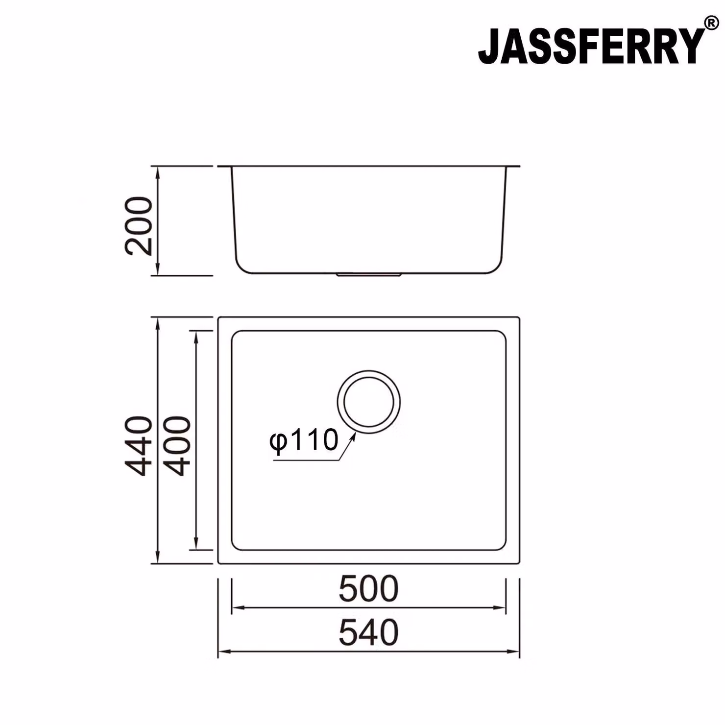 JASSFERRY Undermount Stainless Steel Kitchen Sink in Silver, W: 54 cm, D: 44 cm, H: 20 cm – 2