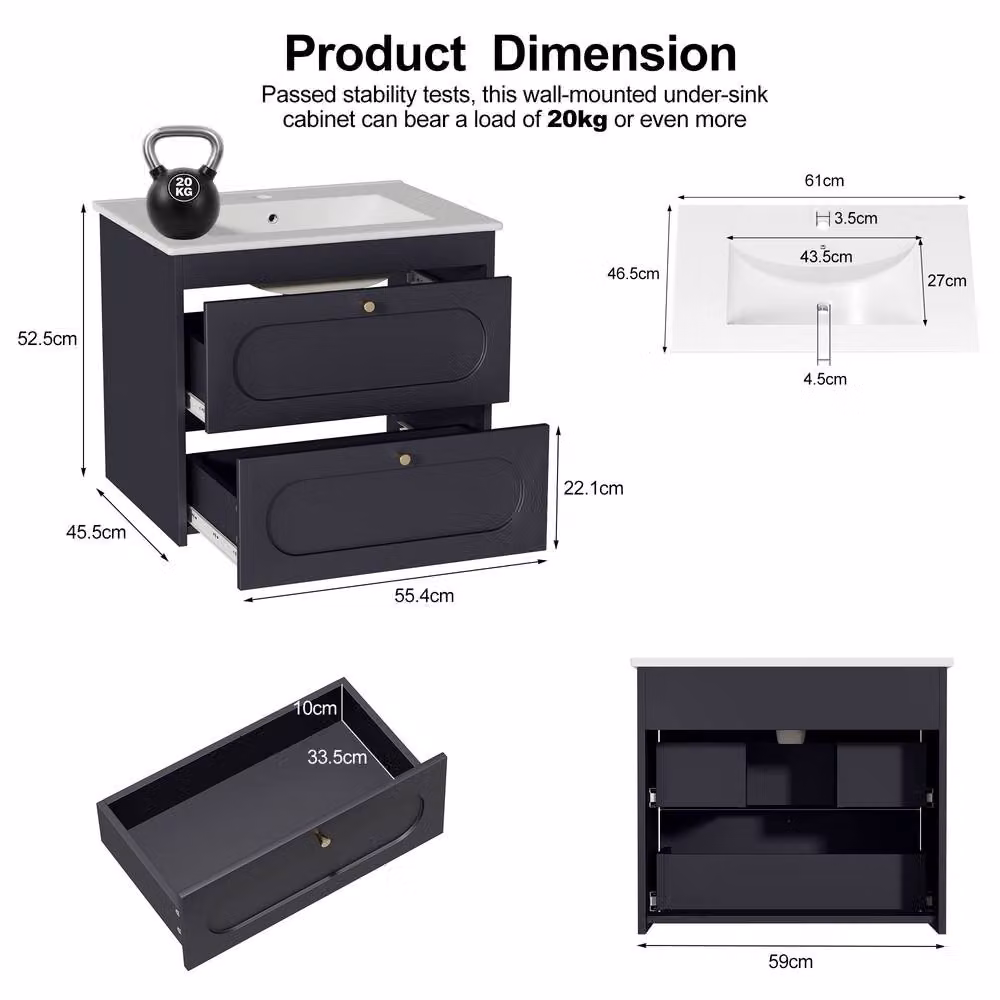 KEEPREAPER Wall Mounted Bathroom Vanity Unit with Ceramic Sink and 2 Drawers, Dark Grey and Gold – 3