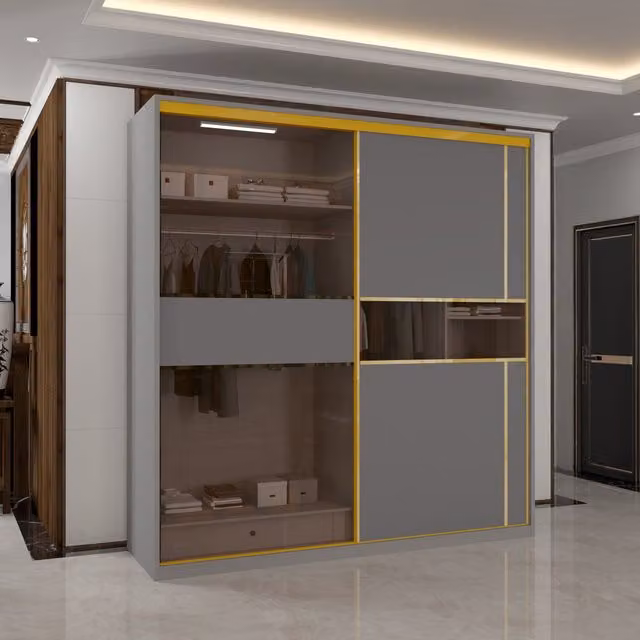 Sliding Wardrobes 4U Modern Grey Sliding Wardrobe with Glass Doors and Integrated LED Lighting