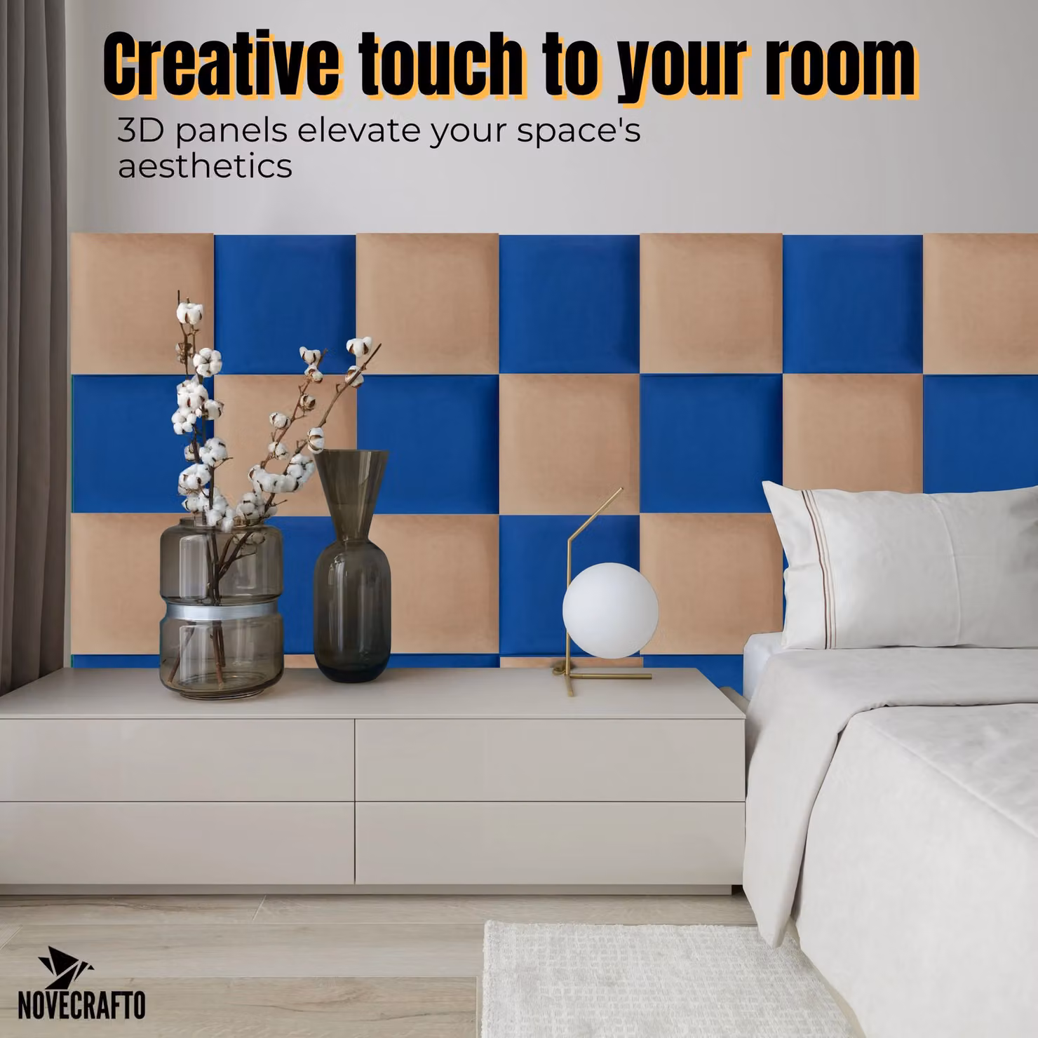 Novecrafto Set of 4 Soft Velvet Upholstered Wall Panels in Blue with Adhesive, W/D/H: 30 x 30 x 3 cm – 5