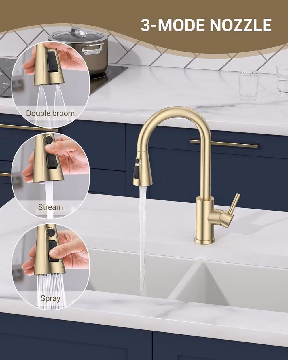 JANLEMNY Brushed Gold Kitchen Mixer Tap with Pull-Out Sprayer and Single Lever Control – 3