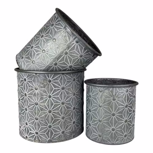 Gift Company Satchville Set of 3 Embossed Daisy Metal Planters in Grey