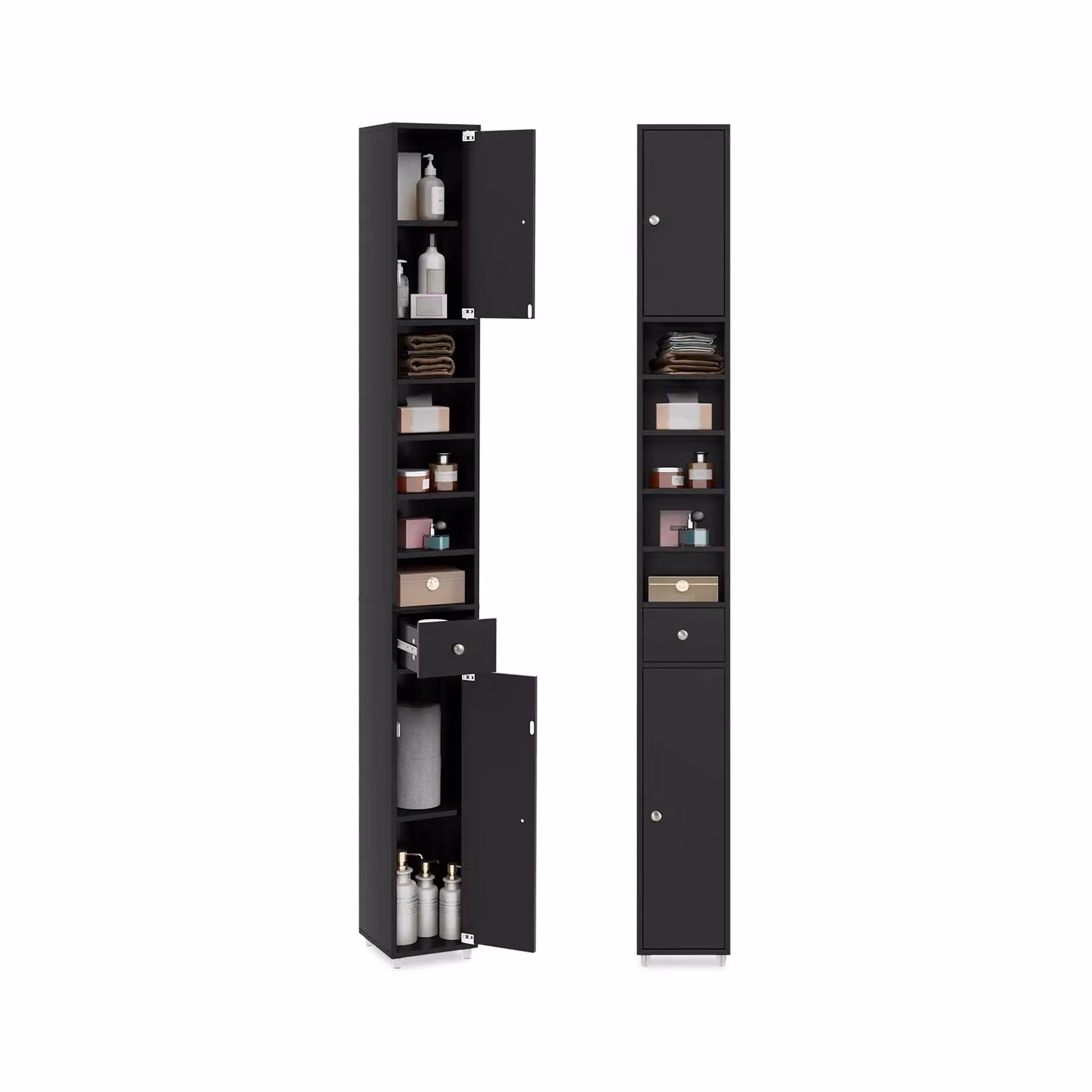 Gymax Slim Black Matt Bathroom Tall Cabinet with 2 Hinged Doors and Adjustable Internal Shelves – 4