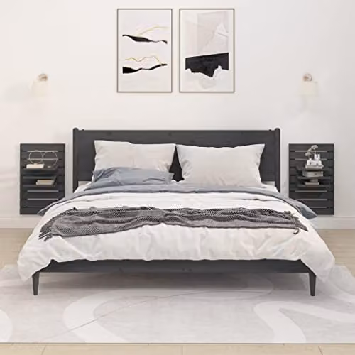 vidaXL Set of 2 Grey Solid Pine Wood Wall-Mounted Bedside Shelves – 2