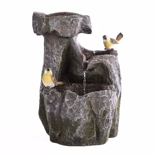 Garden Gear Grey Cascading Rock Water Feature with Two Birds and LED Lights, Durable Polyresin Outdoor Garden Ornament, Height: 54 cm – 1