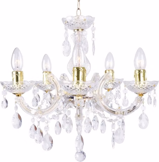 Litecraft Marie Therese 5 Light Brass Ceiling Chandelier with Transparent Glass