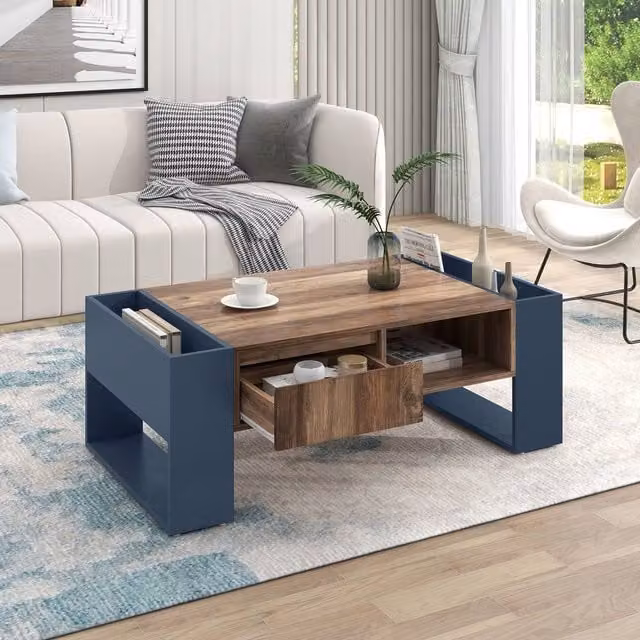 BTM Modern Rectangular Wood Grain Coffee Table with Handleless Drawer and Dual-Side Storage, W/D/H: 111 x 60 x 40 cm – 1