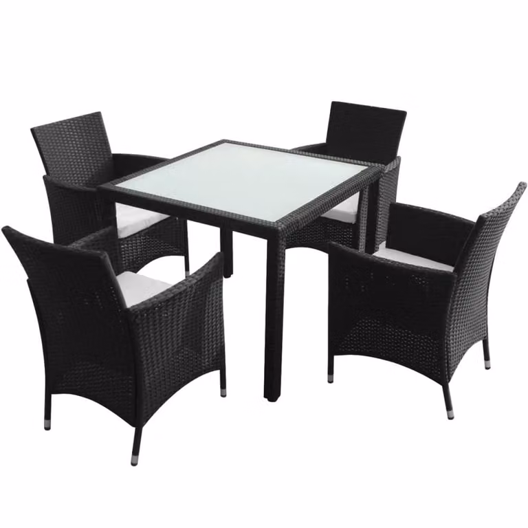 Berkfield Home 5 Piece Outdoor Dining Set with Cushions in Black Poly Rattan and Metal