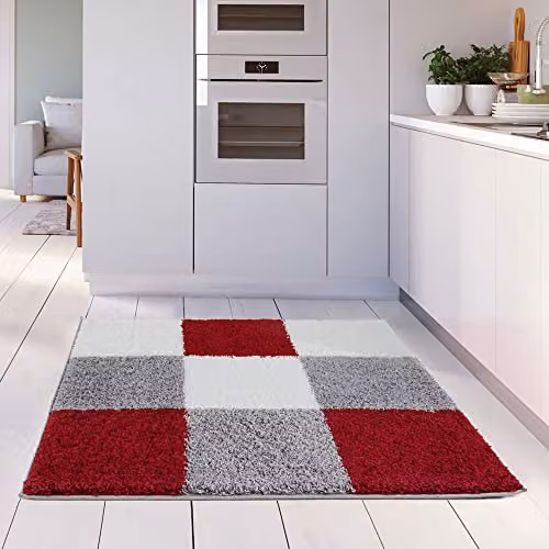 THE RUGS Modern Checked Shaggy Area Rug, Red and Grey, W/D/H: 120 x 120 x 3 cm – 2